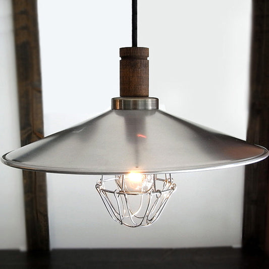 Modern Aluminum Pendant Light – Silver Saucer Design with Wire Cage & Wood Cork
