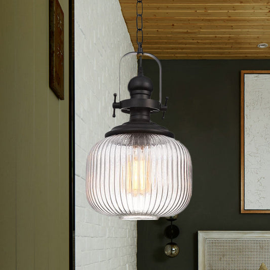 Plafonnier suspendu en verre noir côtelé vintage – Style ovale/tambour