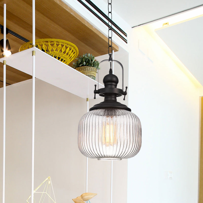 Plafonnier suspendu en verre noir côtelé vintage – Style ovale/tambour