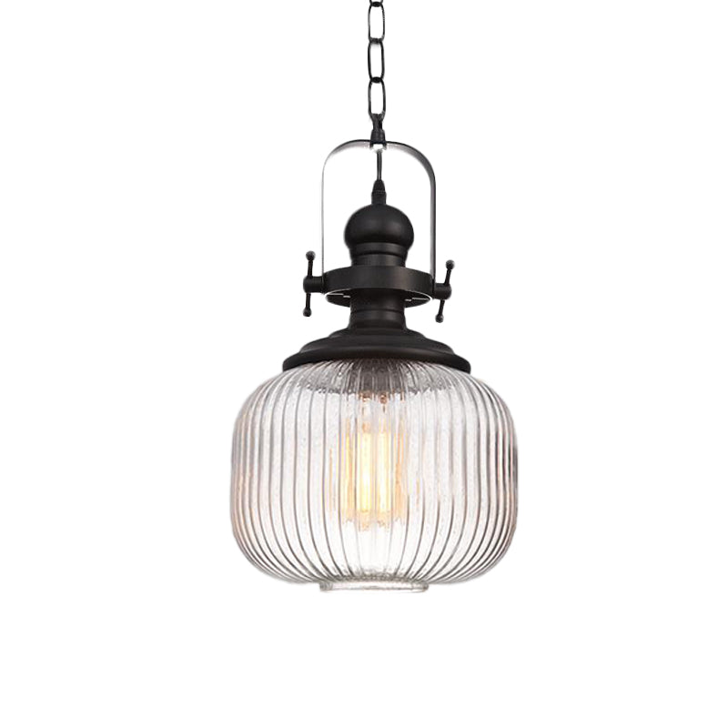 Plafonnier suspendu en verre noir côtelé vintage – Style ovale/tambour