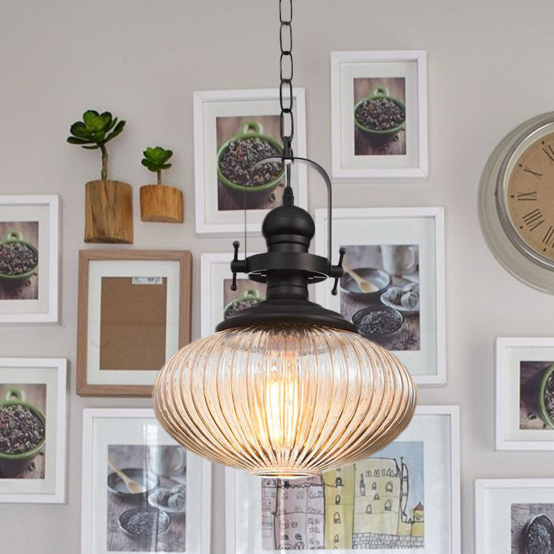 Plafonnier suspendu en verre noir côtelé vintage – Style ovale/tambour
