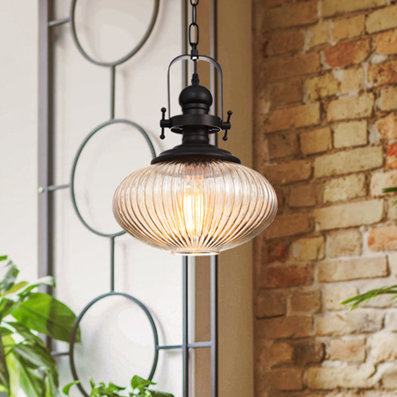 Plafonnier suspendu en verre noir côtelé vintage – Style ovale/tambour