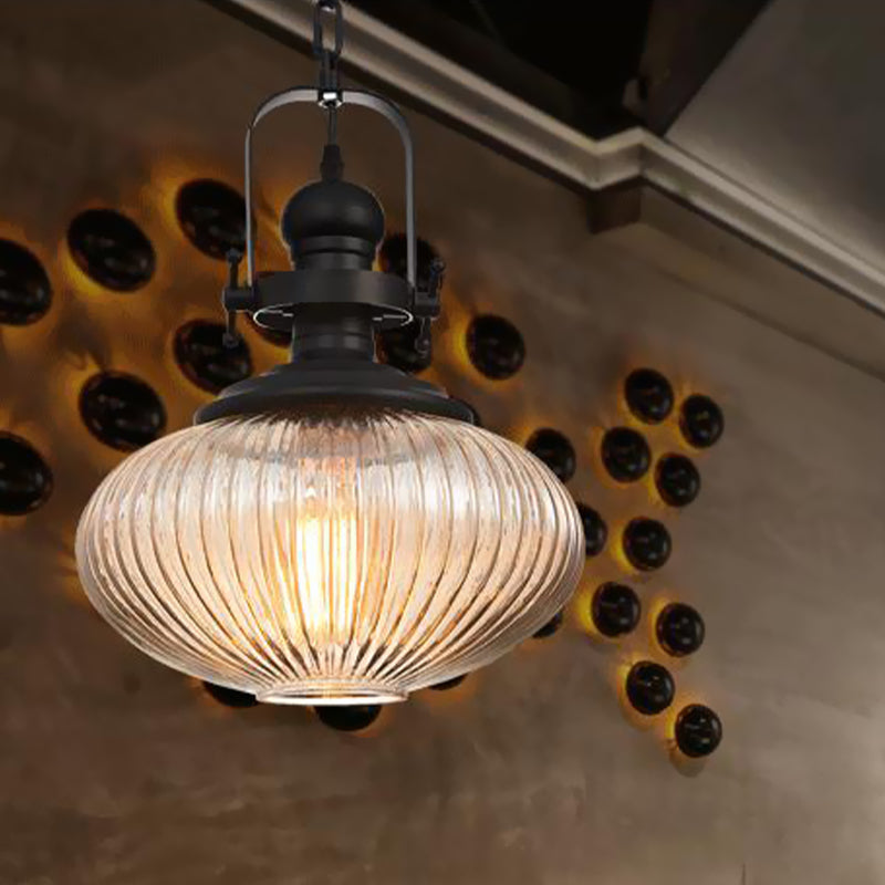 Plafonnier suspendu en verre noir côtelé vintage – Style ovale/tambour