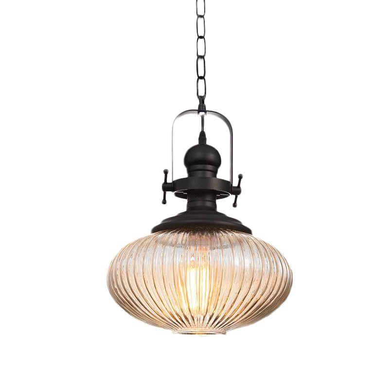 Plafonnier suspendu en verre noir côtelé vintage – Style ovale/tambour