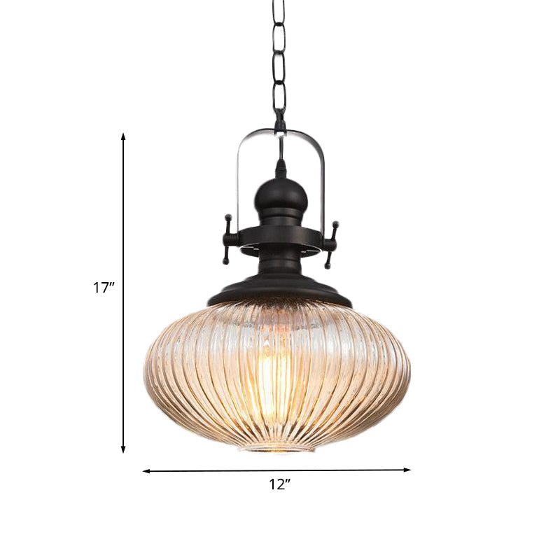 Plafonnier suspendu en verre noir côtelé vintage – Style ovale/tambour