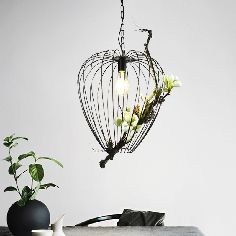 Vintage Pear Cage Iron Suspension Lamp - 1 Bulb Study Room Pendant, Black - 15"/18" Width