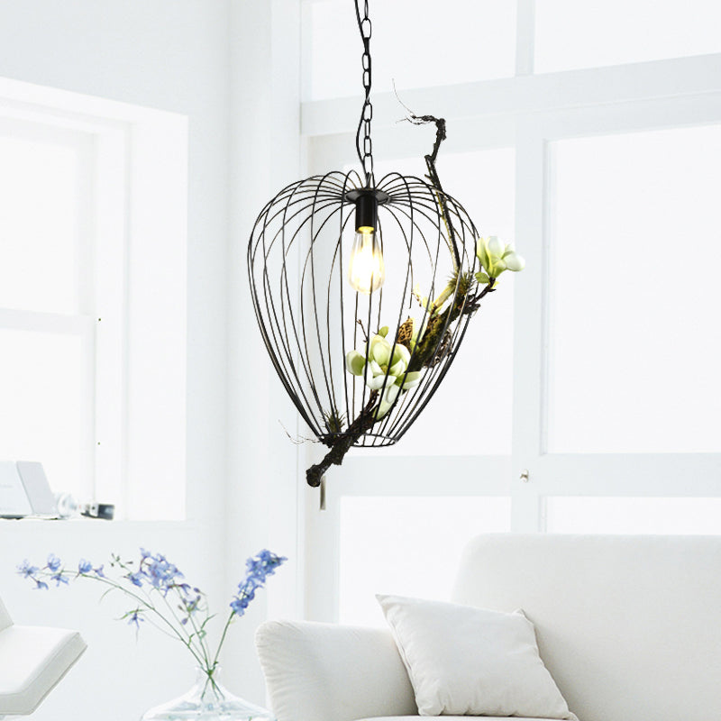 Vintage Pear Cage Iron Suspension Lamp - 1 Bulb Study Room Pendant, Black - 15"/18" Width