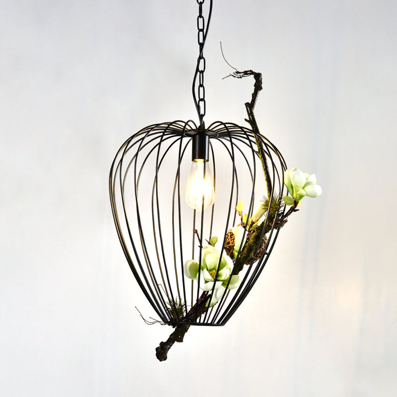 Vintage Pear Cage Iron Suspension Lamp - 1 Bulb Study Room Pendant, Black - 15"/18" Width