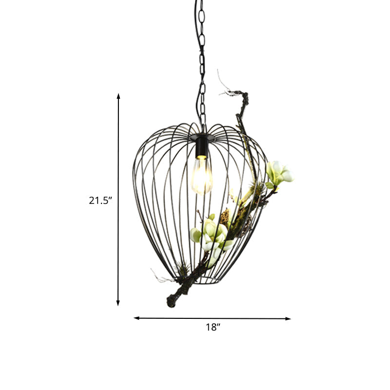Vintage Pear Cage Iron Suspension Lamp - 1 Bulb Study Room Pendant, Black - 15"/18" Width