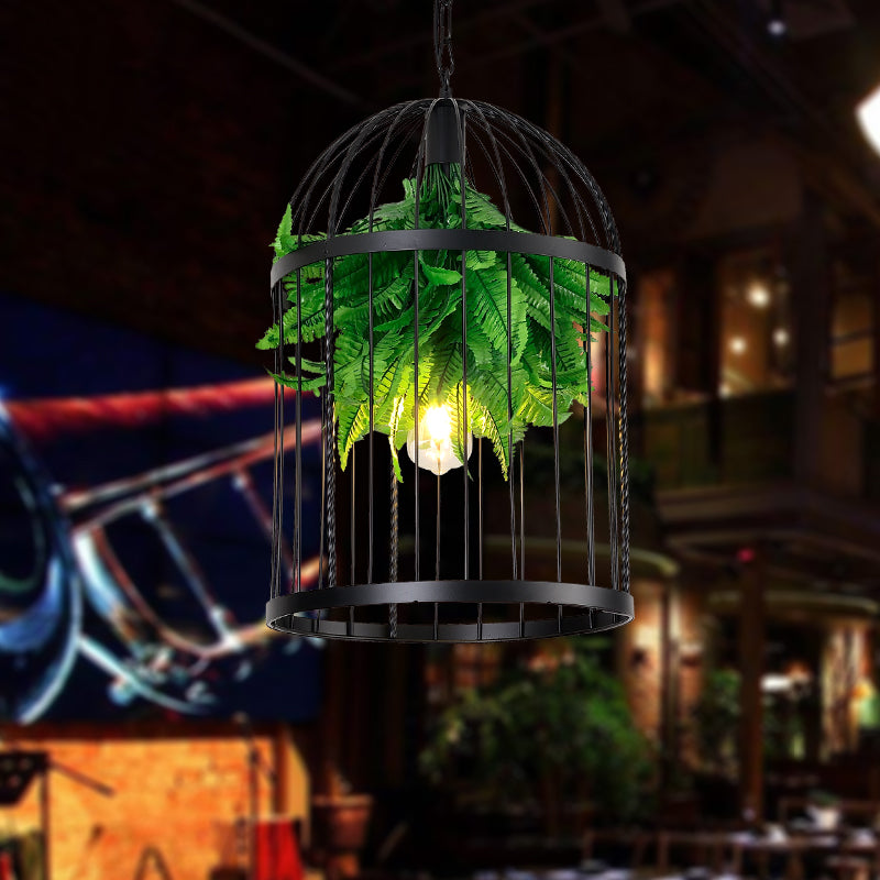 Lampe suspendue en fer de style ferme : suspension en forme de cage à oiseaux noire avec décor végétal