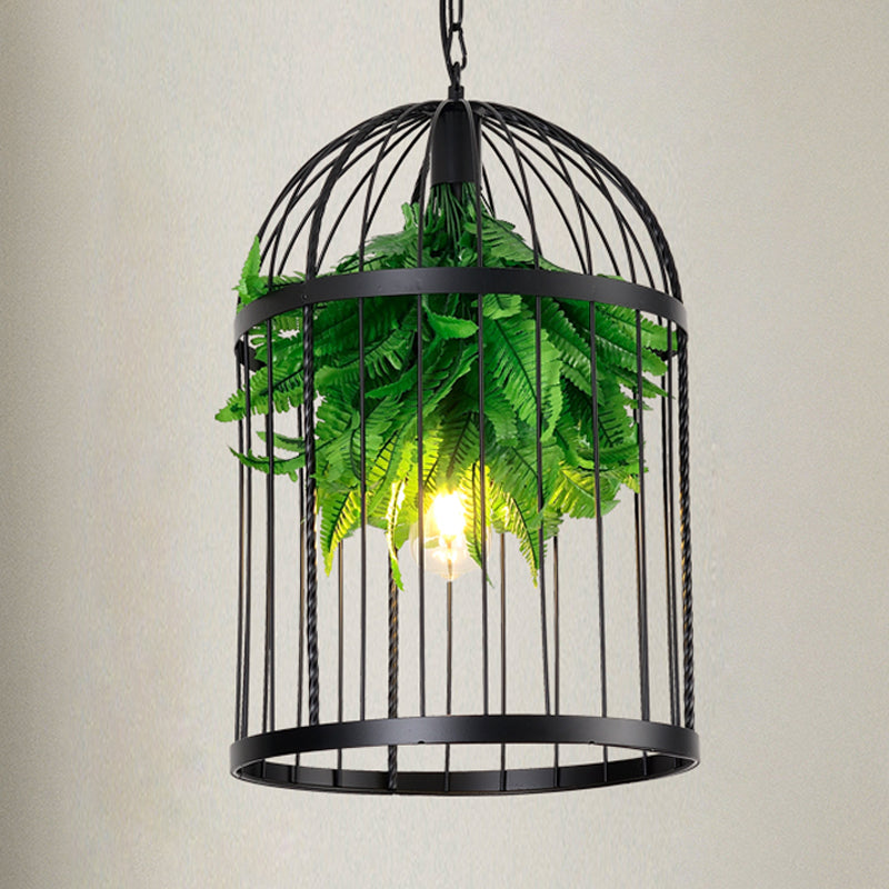 Lampe suspendue en fer de style ferme : suspension en forme de cage à oiseaux noire avec décor végétal