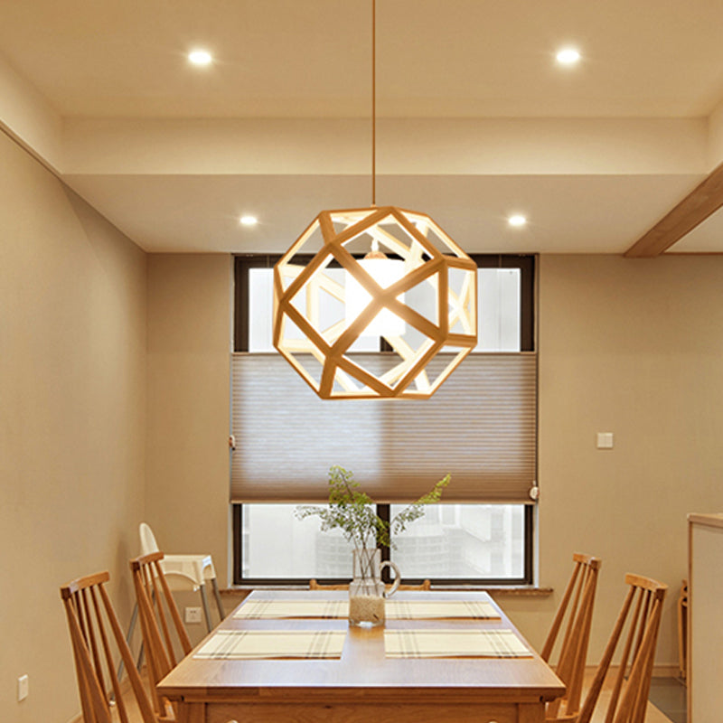 Asia Wooden Globe Pendant Light with Beige Fabric Shade