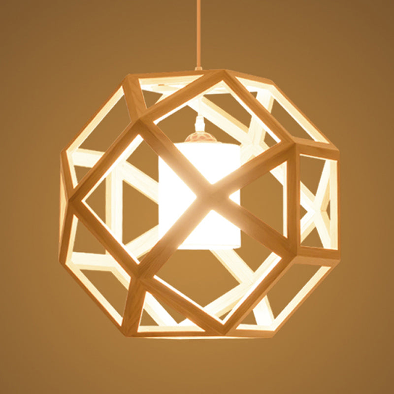 Asia Wood Globe Pendant Light With Beige Fabric Shade - Single Bulb Hanging Lamp