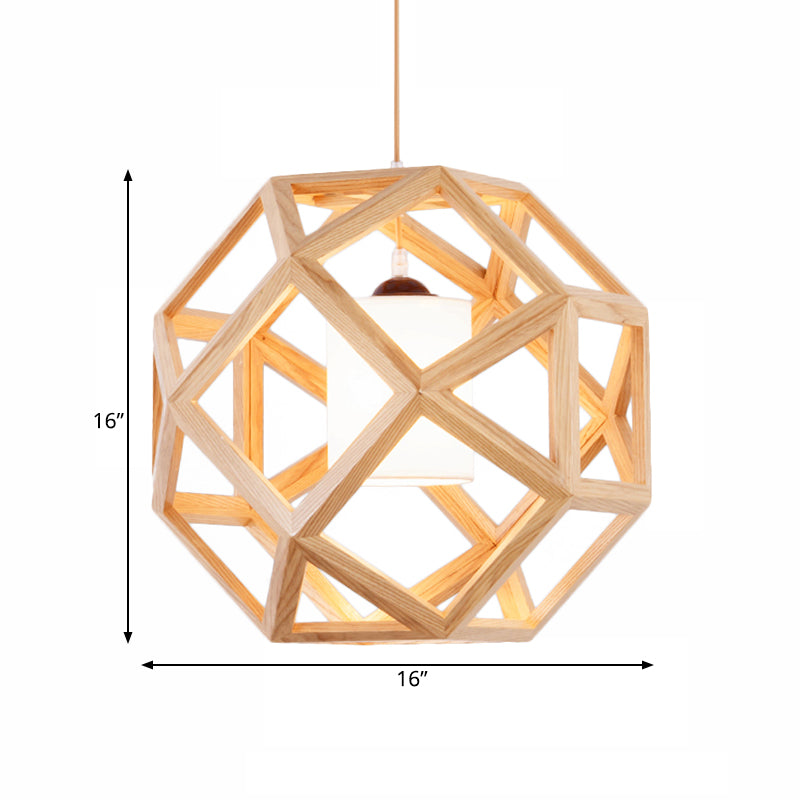 Asia Wood Globe Pendant Light With Beige Fabric Shade - Single Bulb Hanging Lamp