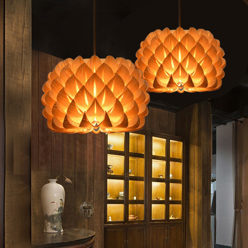 Handcrafted Blooming Wood Pendant Light - Asian 1-Light Beige Fixture