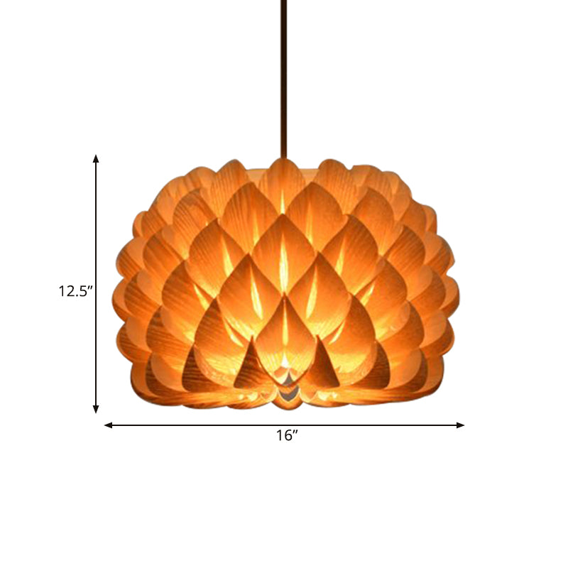 Handcrafted Blooming Wood Pendant Light - Asian 1-Light Beige Fixture