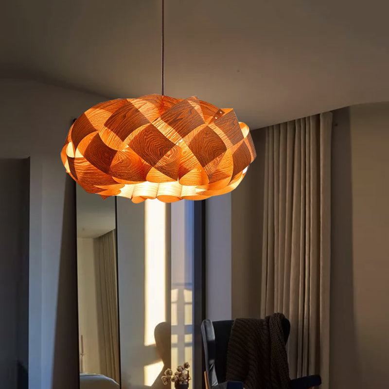 Stranded-Weaving Asian Drum Shade Pendant Ceiling Light In Beige