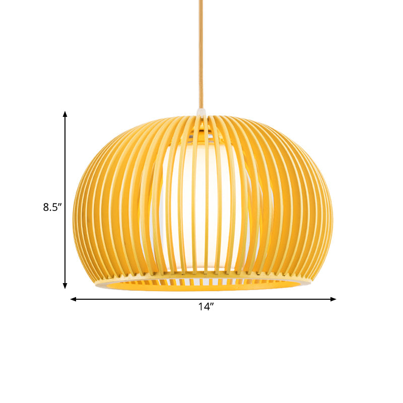 Open Kitchen Suspension Light - Asia Beige Pendant Lamp With Dome Wood Cage 14/18 Inch Wide