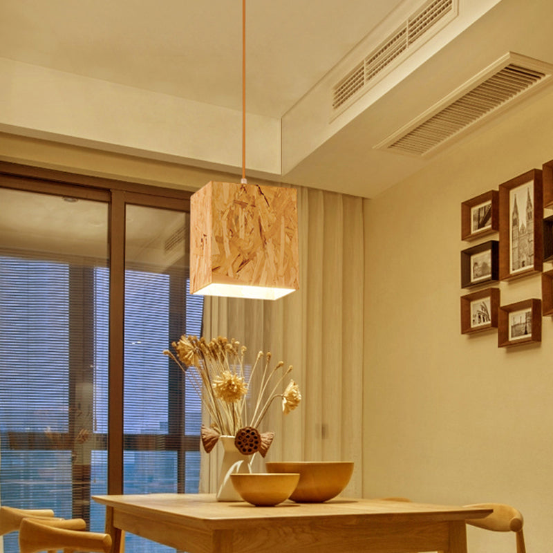 Sleek Cube Stranded Wood Ceiling Light With 1 Bulb Beige Hanging Fixture For Dinette