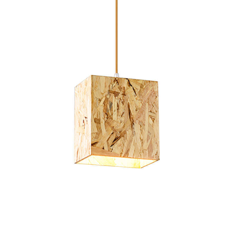 Sleek Cube Stranded Wood Ceiling Light With 1 Bulb Beige Hanging Fixture For Dinette