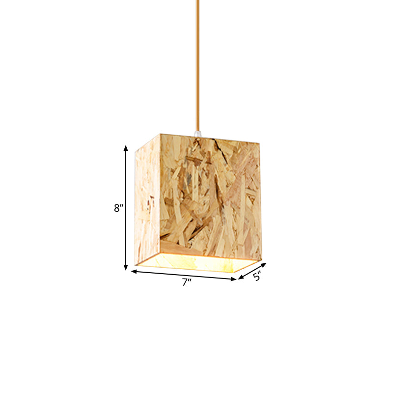 Stranded Wood Cube Ceiling Light - Simple 1 Bulb Beige Hanging Fixture for Dinette