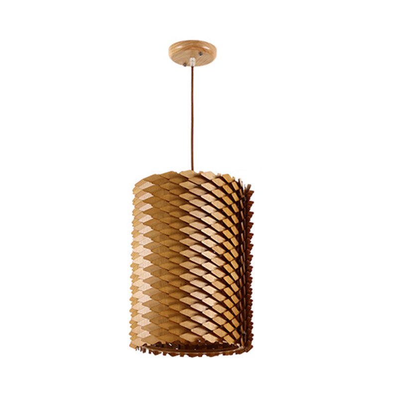 Modern Hand Crafted Wood Cylindrical Pendant Lamp With Squama Surface - 1 Light Beige