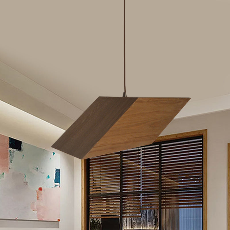 Modern Triangular Prism Wood Pendant - 1 Light Beige Hanging Light Kit