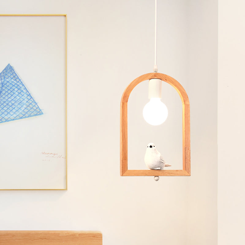 Nordic Style Resin Bird Pendant Ceiling Lamp In White With Wooden Arch Frame - 1 Light Wood