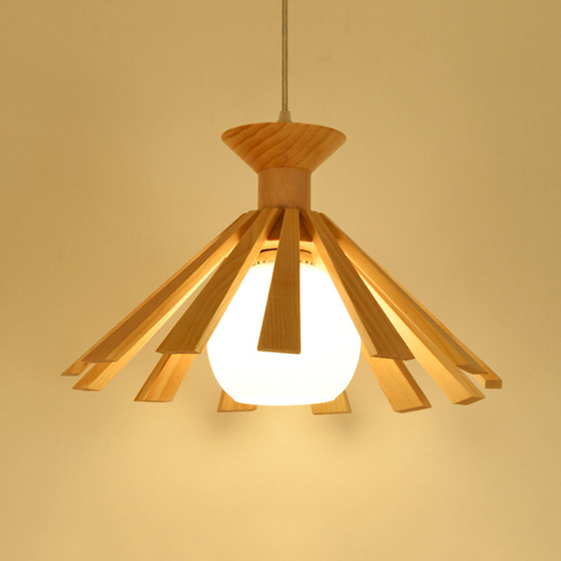 Cottage 1-Light Opal Frosted Glass Ball Pendant With Wood Cap - Hanging Ceiling Light