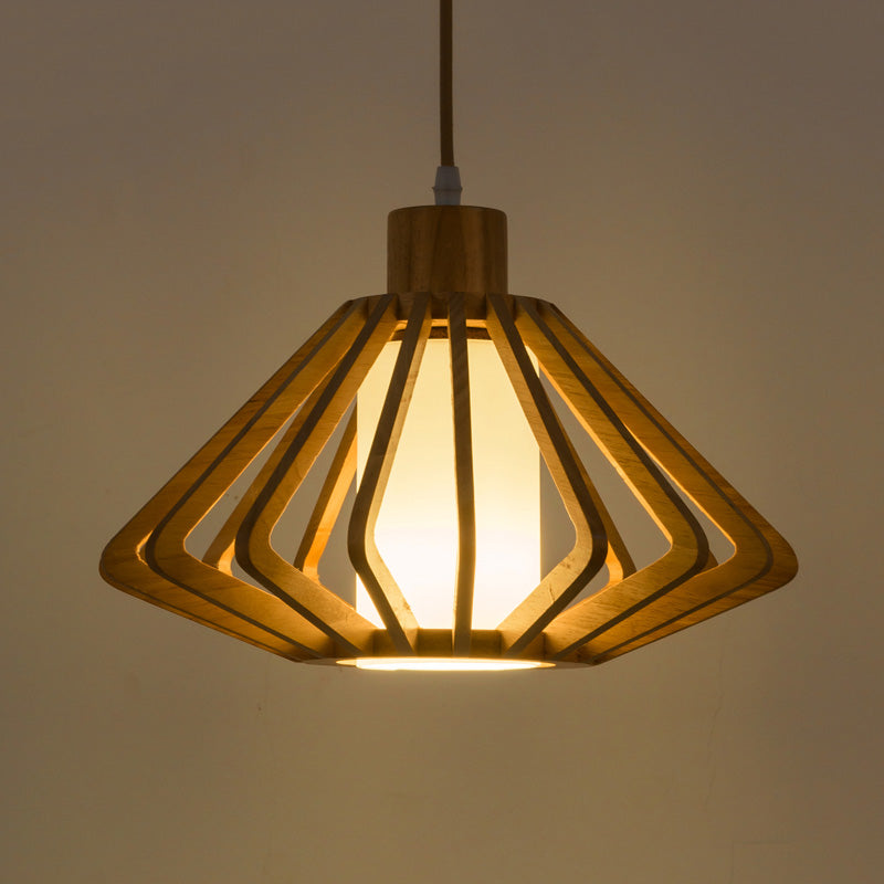 Diamond Cage Pendant Light Asian Wood 1 Head 14/18 Wide Beige Ceiling Lamp With Inner Pillar Shade