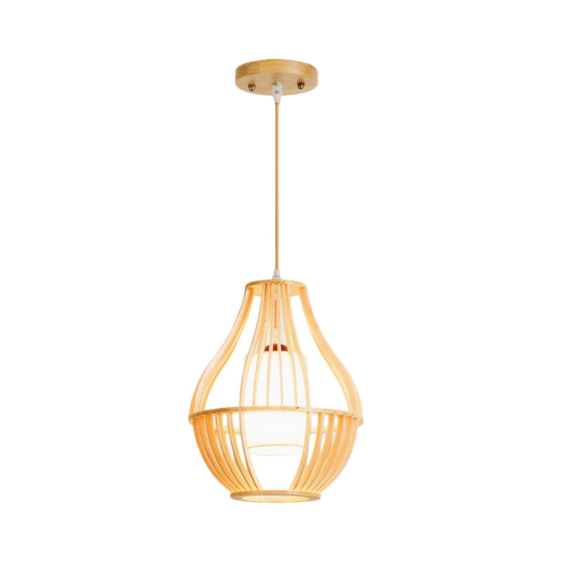 Farmhouse Wood Basket Pendant Light - Beige Ceiling Fixture With Fabric Lamp Shade