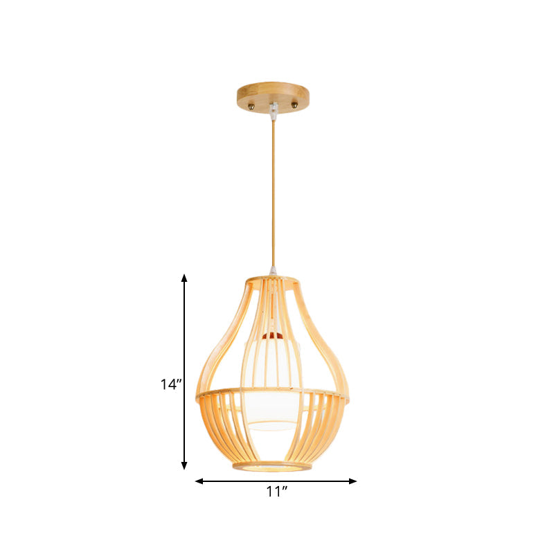 Farmhouse Wood Basket Pendant Light - Beige Ceiling Fixture With Fabric Lamp Shade
