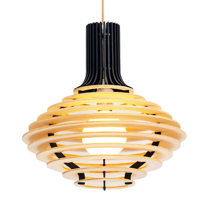 Black And Beige Wine Jar Pendulum Light Kit With Wood Cage - Asian Single Bulb Hanging Lamp