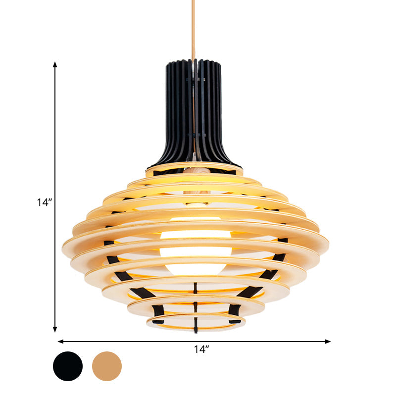Black And Beige Wine Jar Pendulum Light Kit With Wood Cage - Asian Single Bulb Hanging Lamp