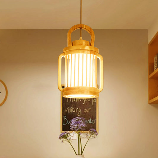 Japanese Style Single Bulb Pendant Light With Wood Cage And Fabric Shade