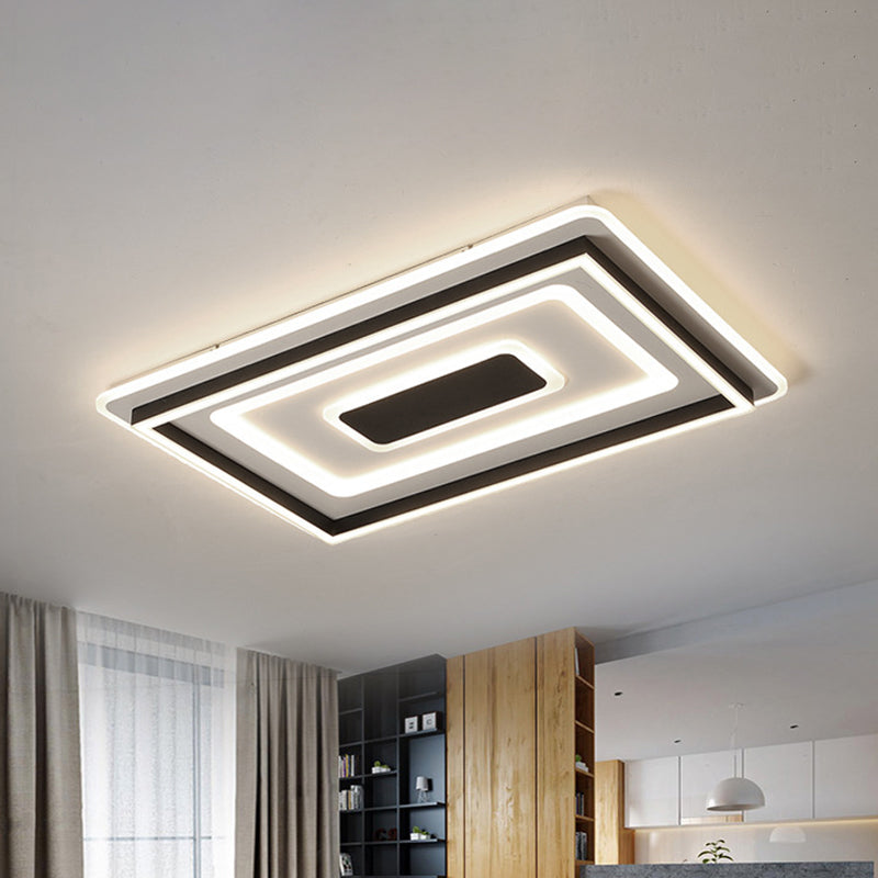 Modern Black LED Ceiling Lamp - Tiered Rectangle Design, Flush-Mount Light Fixture for Sitting Room, Warm/White Light