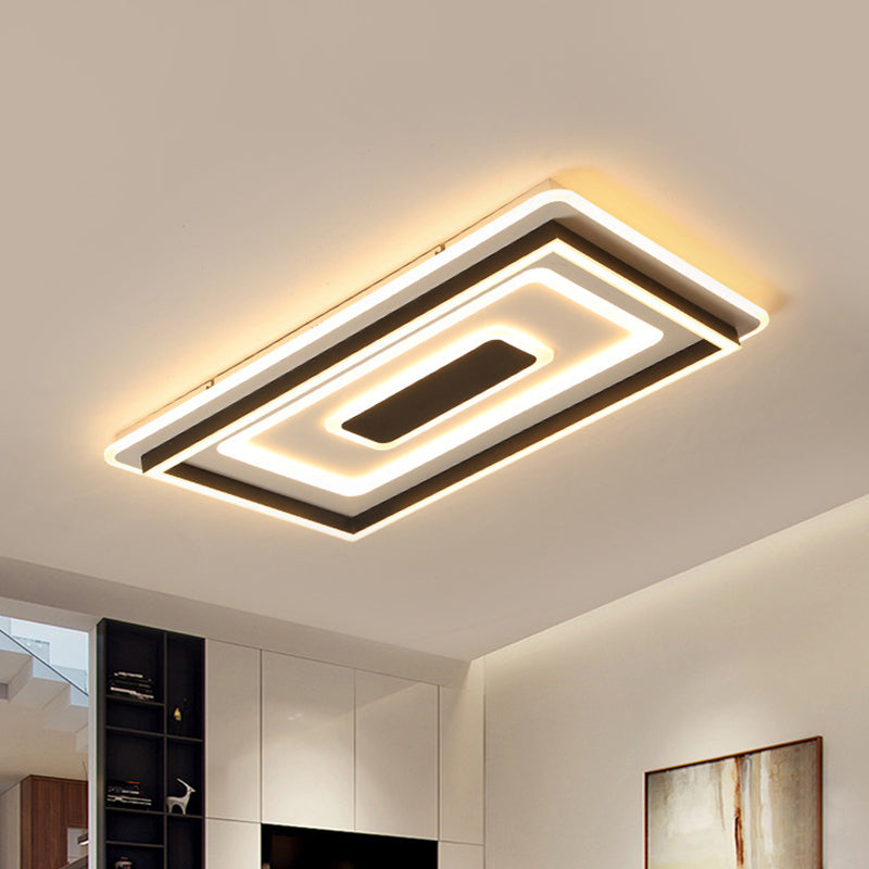 Modern Black LED Ceiling Lamp - Tiered Rectangle Design, Flush-Mount Light Fixture for Sitting Room, Warm/White Light