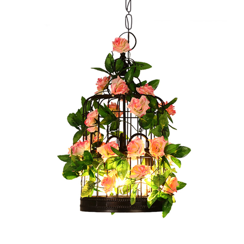 3-Head Birdcage Chandelier Loft Pendant Light - Black Iron Suspension with Rose and Leaf Accents