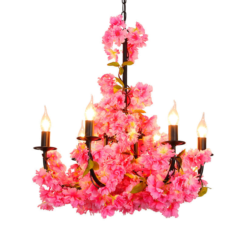 Black Iron Farmhouse Chandelier with Flower Detail - 6 Pendant Light Heads