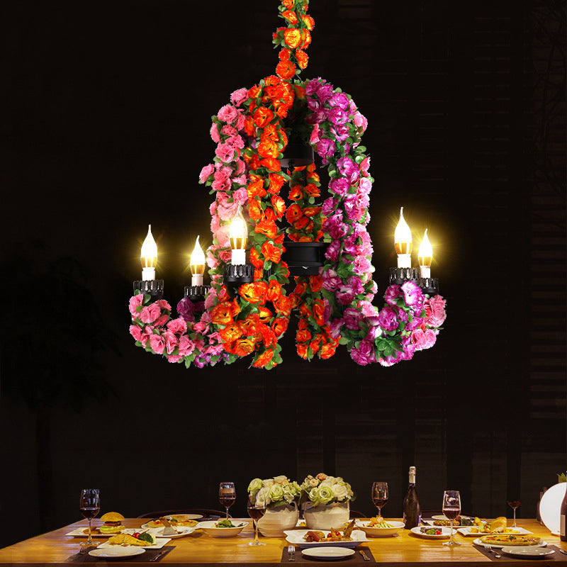 Lustre à bougies à 6 têtes en fer noir avec décor floral - Luminaire suspendu pour entrepôt