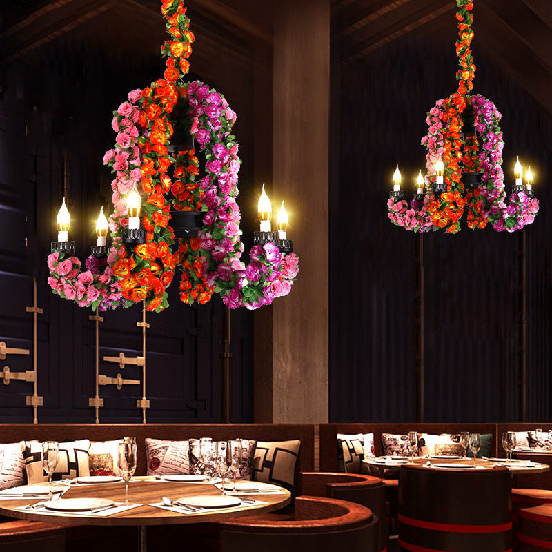 Lustre à bougies à 6 têtes en fer noir avec décor floral - Luminaire suspendu pour entrepôt