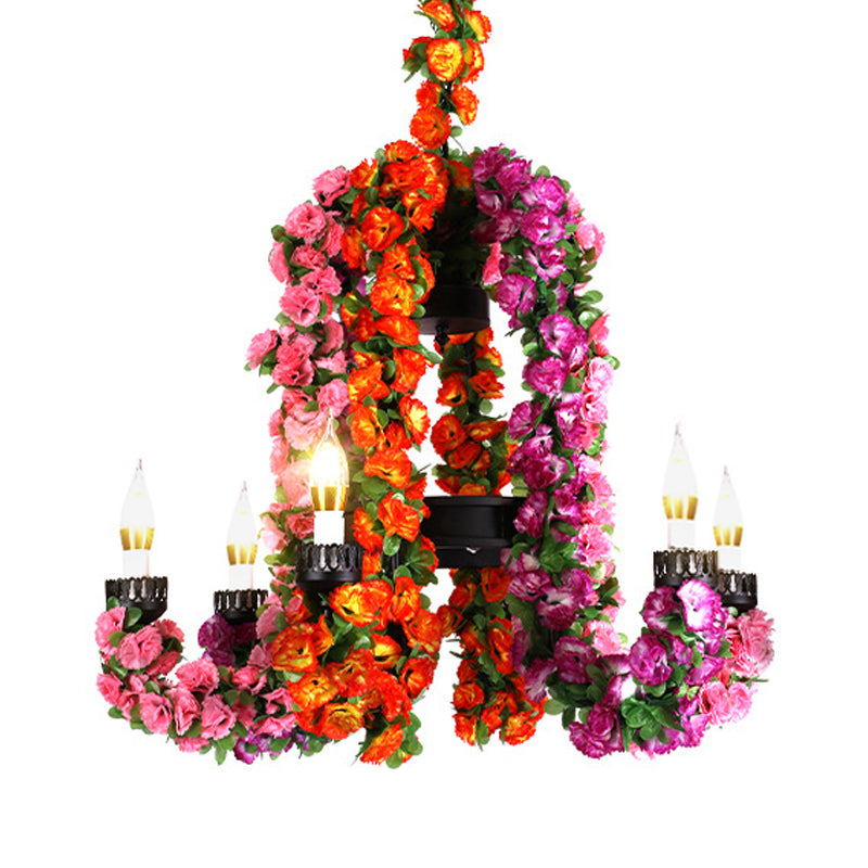 Lustre à bougies à 6 têtes en fer noir avec décor floral - Luminaire suspendu pour entrepôt