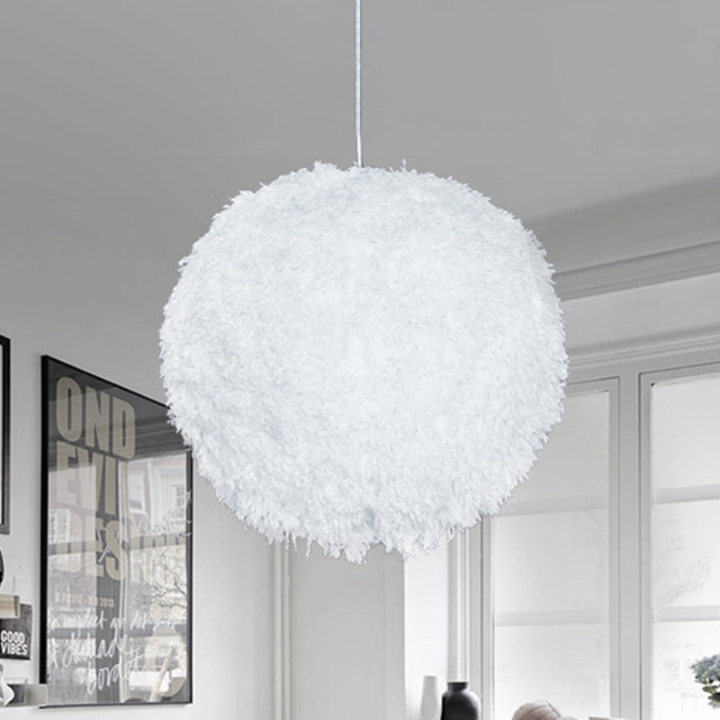 Modern White Plush Globe Hanging Lamp - 1 Head Fabric Suspension Lighting for Bedroom"
(8"/12" Dia)
