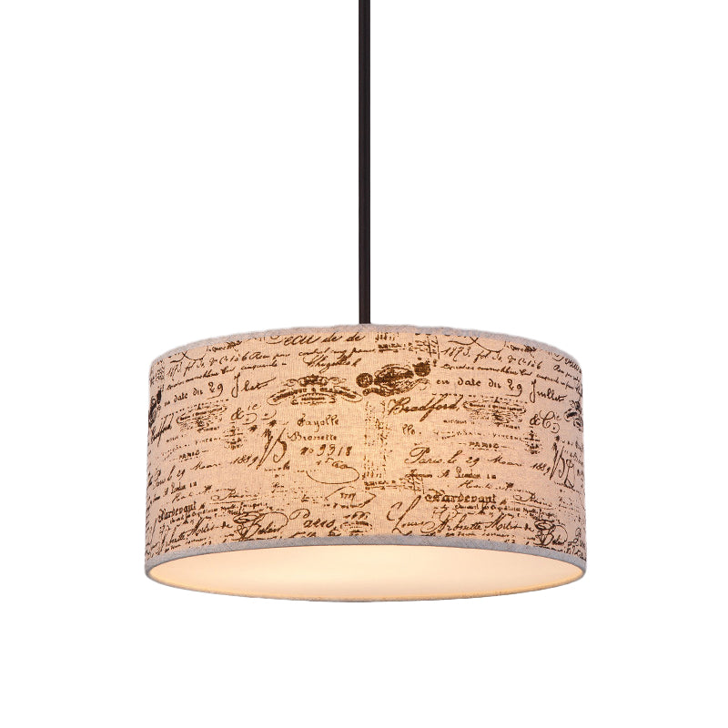 Modern Flaxen Drum Pendant with Script Lamp Shade - 12"/16" Dia Suspension Lighting