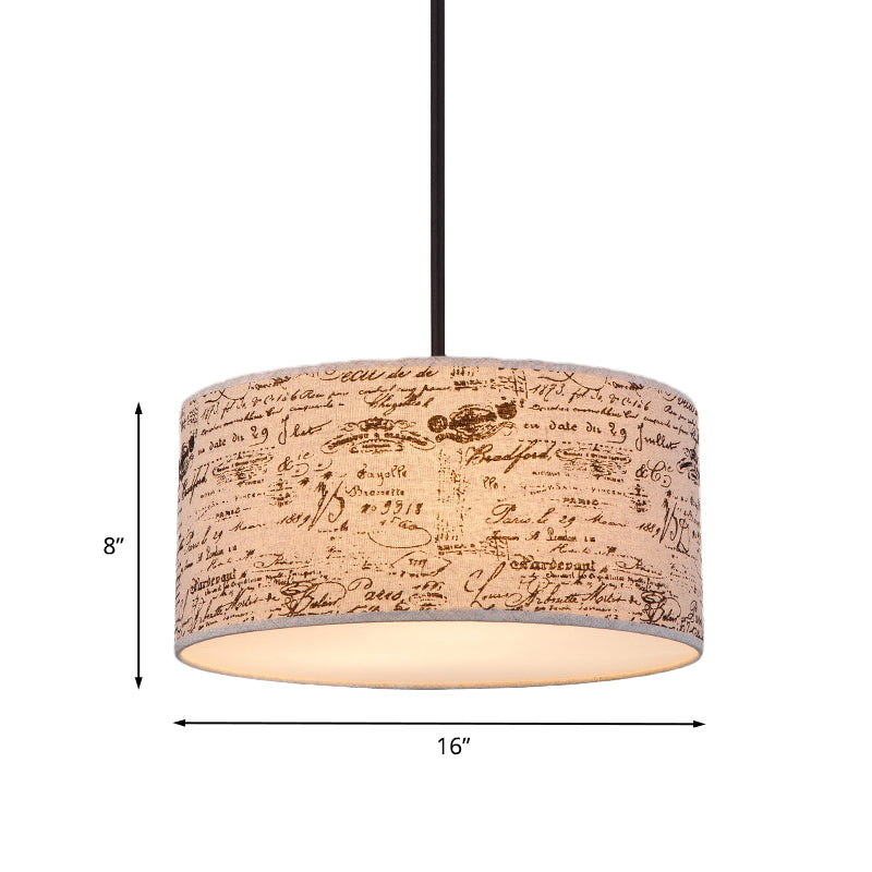 Modern Flaxen Drum Pendant with Script Lamp Shade - 12"/16" Dia Suspension Lighting