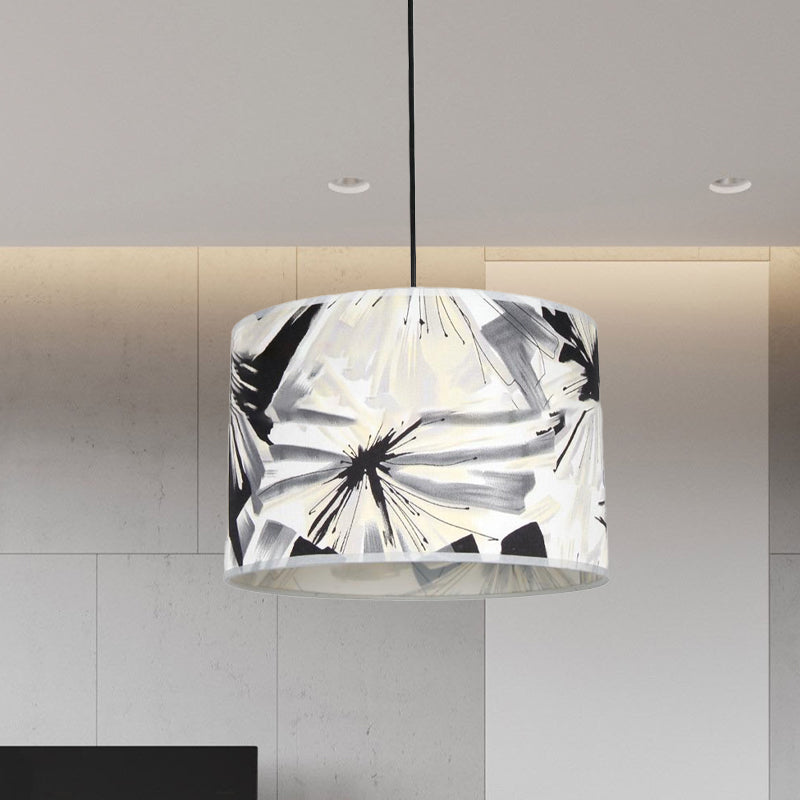 Contemporary Pendulum Light With Printed Fabric Drum Shade - Black And White Pendant Lighting