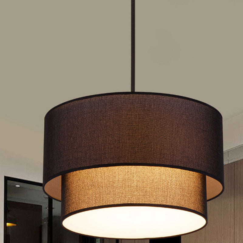 Modern Dual Drum Pendant Ceiling Lamp with Fabric Shade - 1-Head Dinette, White/Flaxen/Black Color Options