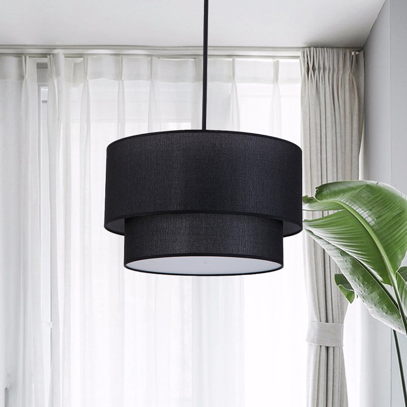 Modern Dual Drum Pendant Ceiling Lamp with Fabric Shade - 1-Head Dinette, White/Flaxen/Black Color Options