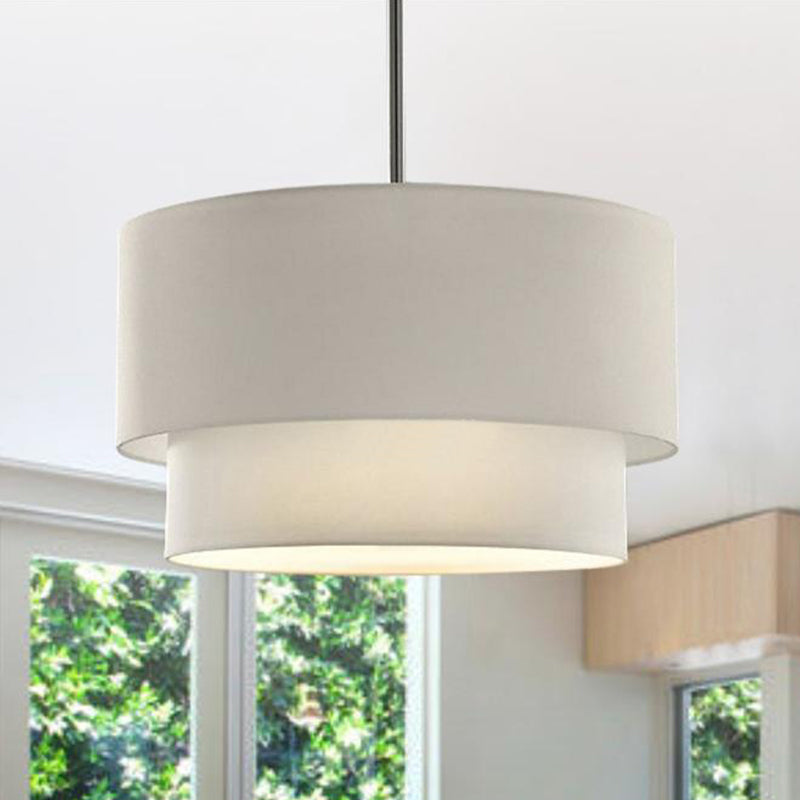 Modern Dual Drum Pendant Ceiling Lamp with Fabric Shade - 1-Head Dinette, White/Flaxen/Black Color Options