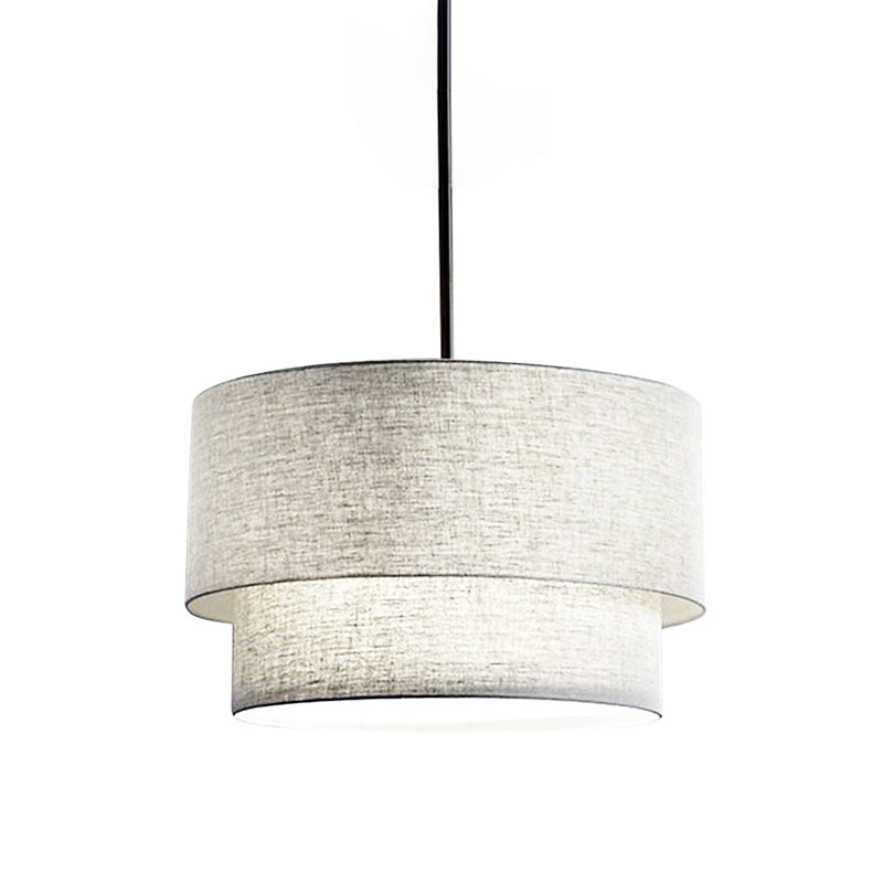 Modern Dual Drum Pendant Ceiling Lamp with Fabric Shade - 1-Head Dinette, White/Flaxen/Black Color Options